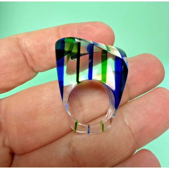 Unbranded Jewelry - Mod Lucite Dome Ring Vintage 60s Green Yellow Blue Square Pop Art MCM Size 5.5